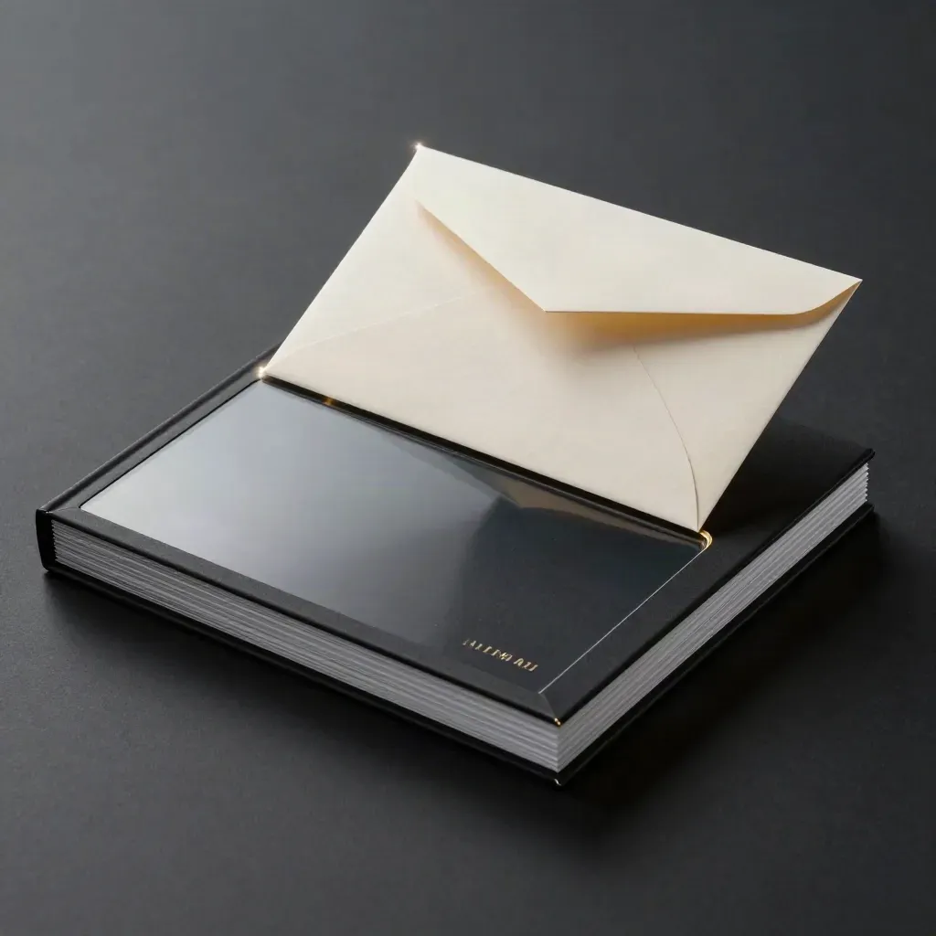 Press kit folio with sleeve, envelope, and metal clip lit by gold rim light.