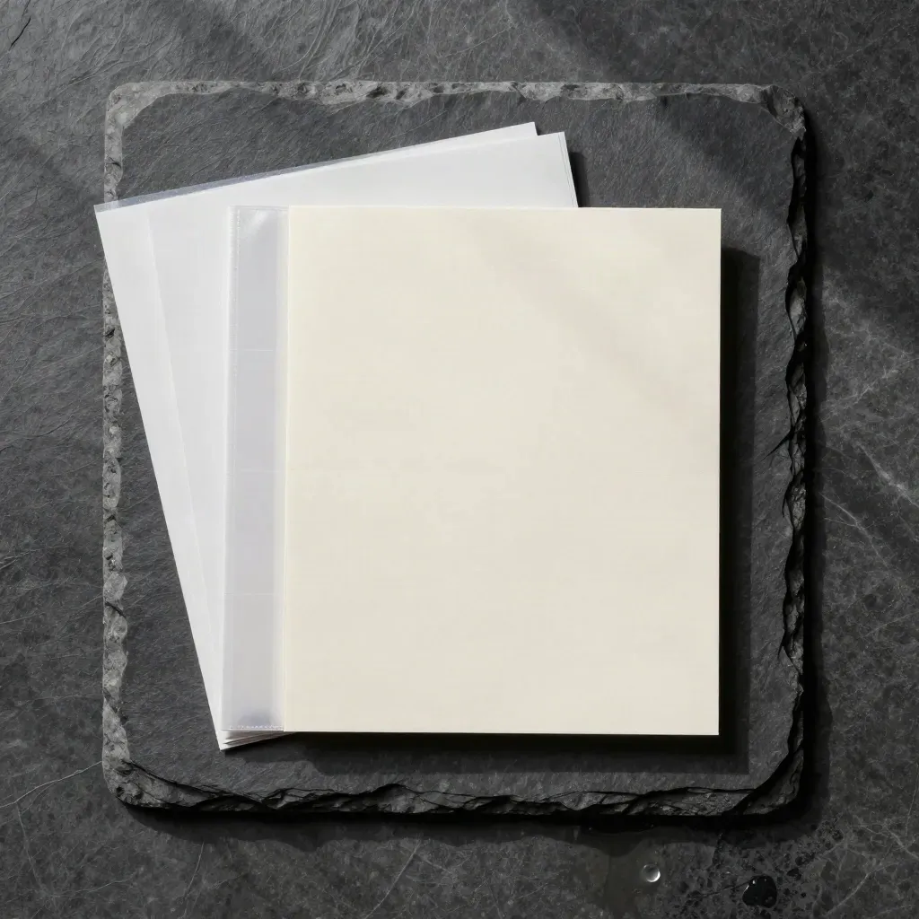 Overhead flatlay of proof cards, translucent sleeve, and folded ivory sheet on wet dark slate.
