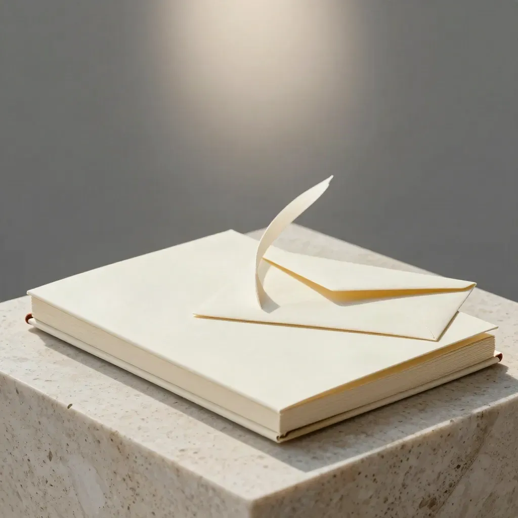 Travertine coaching journal set with ribbon, envelope, and powdery haze on a stone plinth.
