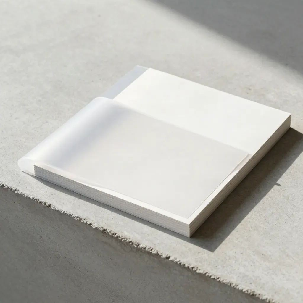 Overhead flatlay of a pitch deck rewrite folio, translucent sleeve, and insert on pale concrete.