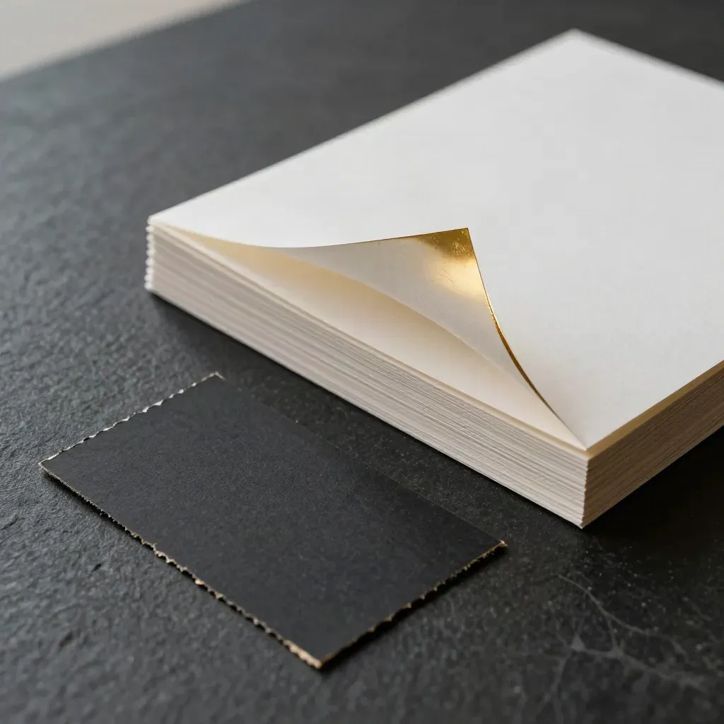 Floor-level shot of an audit packet with torn card, swatch, and blank sheets on black stone.