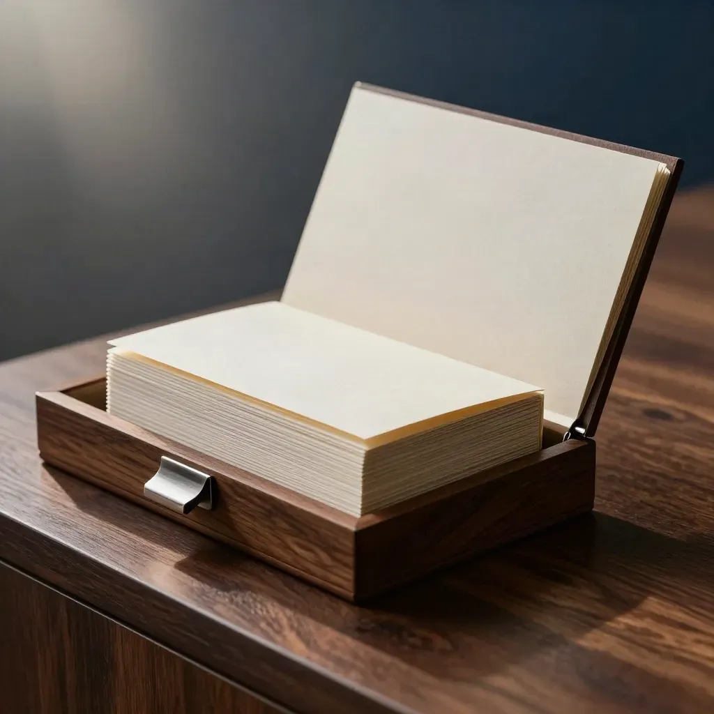 Open press kit box with blank inserts, cloth swatch and metal clip on a dark plinth