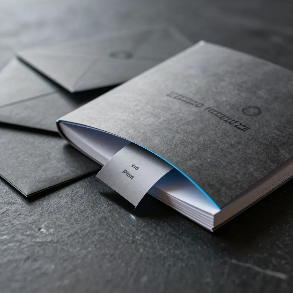 Graphite pitch notes booklet with sealed envelope and loosening band on a dark stone surface.